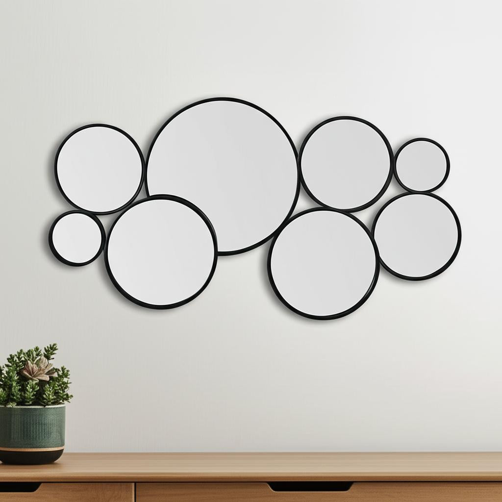 Set Of Eight Black Metal Round Cojoined Accent Mirrors