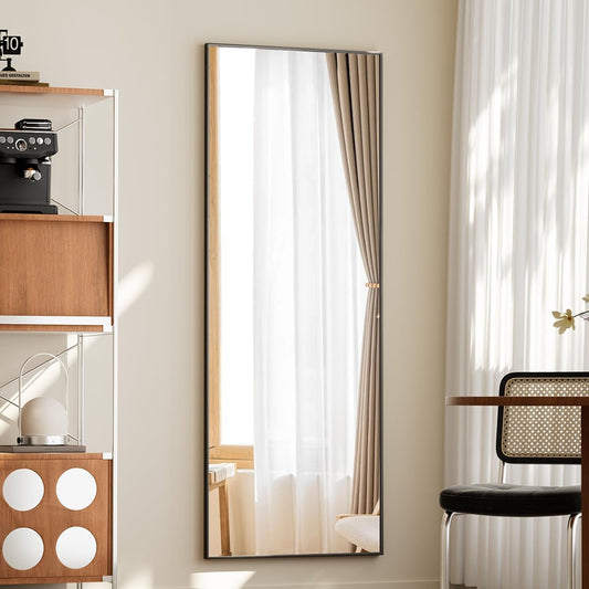 Full Length Mirror with Stand, 56"X21" Floor Mirror with Aluminum Alloy Thin Frame, Shattervue Tempered Full Body Mirrors, Free Standing or Wall-Mounted Mirrors for Living Room, Black