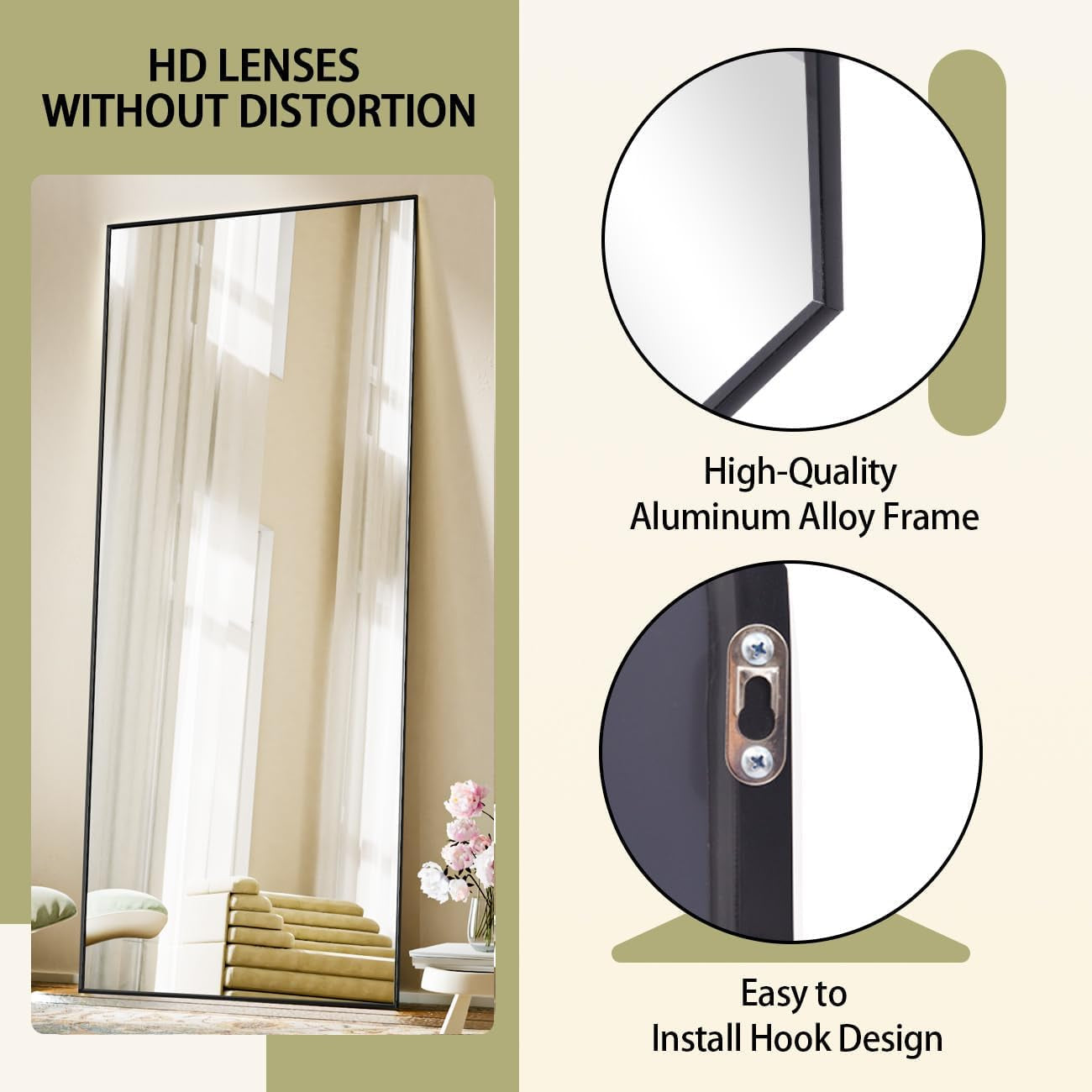 Full Length Mirror with Stand, 56"X21" Floor Mirror with Aluminum Alloy Thin Frame, Shattervue Tempered Full Body Mirrors, Free Standing or Wall-Mounted Mirrors for Living Room, Black