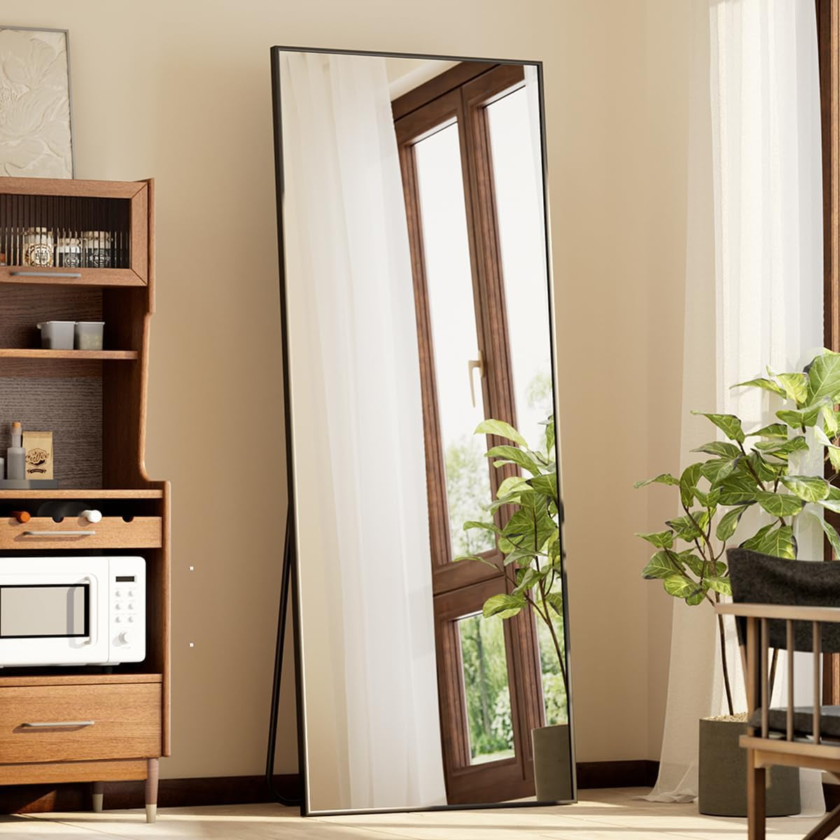 Full Length Mirror with Stand, 56"X21" Floor Mirror with Aluminum Alloy Thin Frame, Shattervue Tempered Full Body Mirrors, Free Standing or Wall-Mounted Mirrors for Living Room, Black