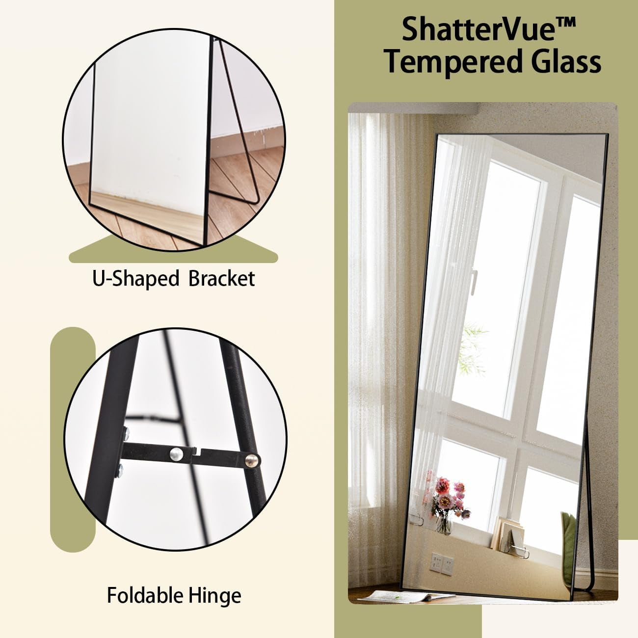 Full Length Mirror with Stand, 56"X21" Floor Mirror with Aluminum Alloy Thin Frame, Shattervue Tempered Full Body Mirrors, Free Standing or Wall-Mounted Mirrors for Living Room, Black